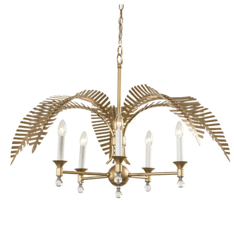 Gold Palm Frond Brass Leaves Crystal Chandelier
