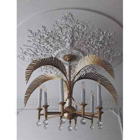 Gold Palm Frond Brass Leaves Crystal Chandelier