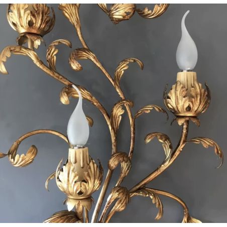 MID CENTURY FRENCH TOLE THREE-LIGHT GILDED METAL LEAF WALL SCONCE