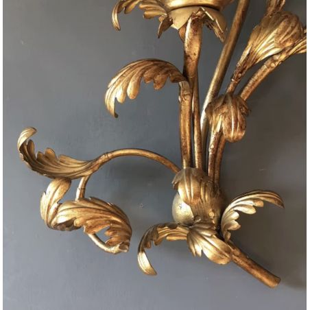 MID CENTURY FRENCH TOLE THREE-LIGHT GILDED METAL LEAF WALL SCONCE