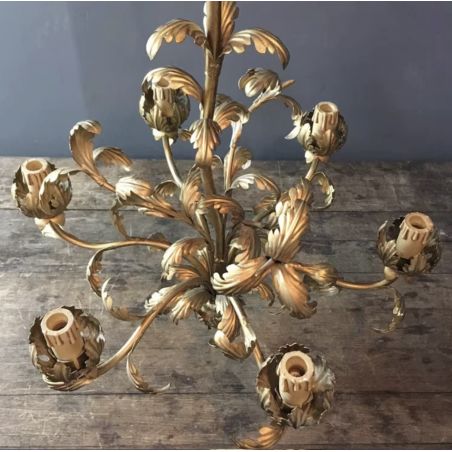 MID CENTURY FRENCH TOLE GILDED METAL LEAF CHANDELIER