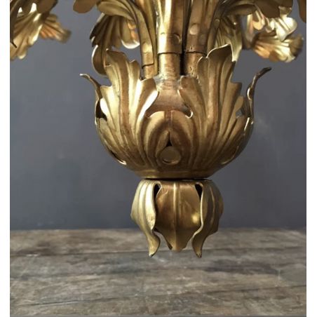 MID CENTURY FRENCH TOLE GILDED METAL LEAF CHANDELIER